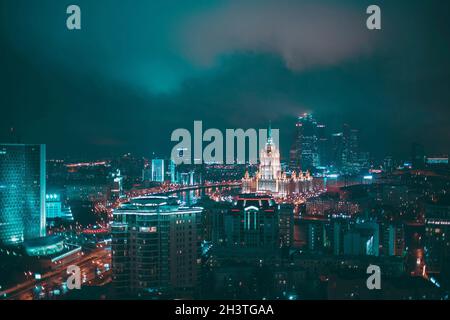 Aerial Night View to Moscow City and Hotel Ukraine from New Arbat, Russia. Stock Photo