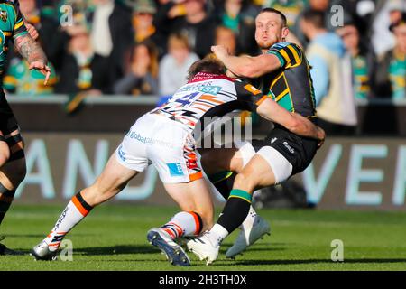 Northampton, UK. 30th Oct, 2021. 30th October 2021;  Cinch Stadium at Franklin Gardens, Northampton, England; Gallagher Premiership Rugby, Northampton Saints versus Leicester Tigers; Harry Potter of Leicester Tigers tackles Rory Hutchinson of Northampton Saints Credit: Action Plus Sports Images/Alamy Live News Stock Photo