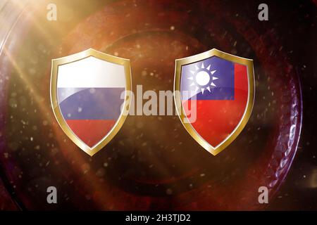 Russia and taiwan flag in golden shield on copper texture background.3d illustration. Stock Photo