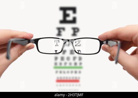 Glasses and Snellen's chart. Test eye examination. Optician, ophthalmologist concept Stock Photo