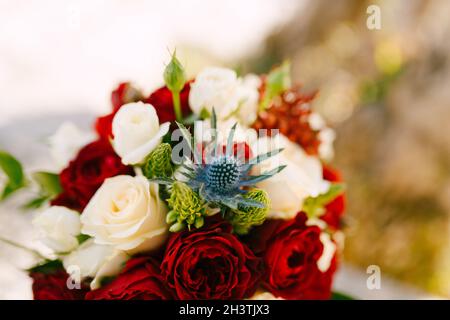 Bridal bouquet of white, read and cream roses, ornithogalum and eryngium Stock Photo