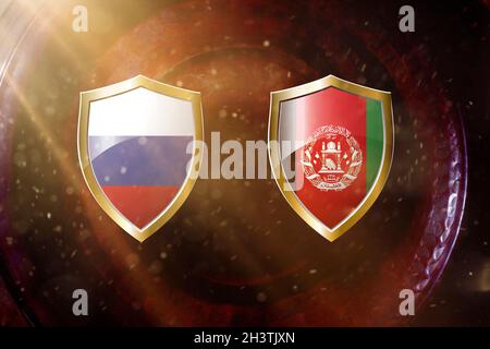 Russia and Afghanistan flag in golden shield on copper texture background.3d illustration. Stock Photo