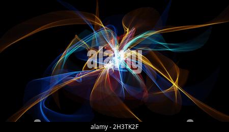 Glowing cosmic vortex or super nova illustration. Abstract creative modern colorful wide background,  Neon glowing twisted cosmic lines. Surreal Vorte Stock Photo
