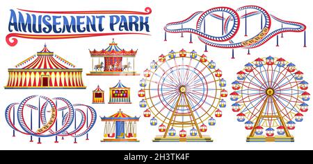 Vector set for Amusement Park, lot collection of cut out illustrations variety carousels, extreme different roller coasters, various giant ferris whee Stock Vector