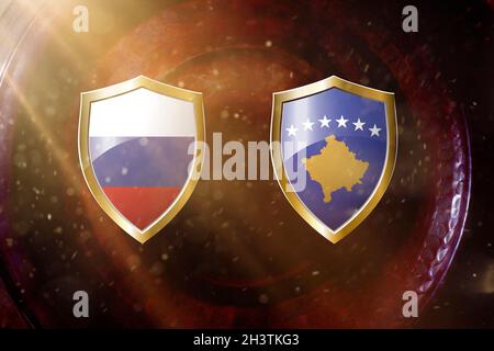 Russia and kosovo flag in golden shield on copper texture background.3d illustration. Stock Photo