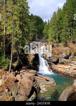 Silver Falls in Mount Rainier National Park, Washington. A waterfall on the Ohanapecosh River popular with hikers near Ohanapecosh campground Stock Photo