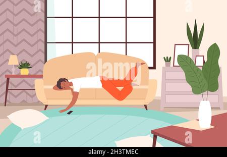 People lying on sofa. Lazy person relax in living room sleeping and watching tv apathy and messy vector character Stock Vector