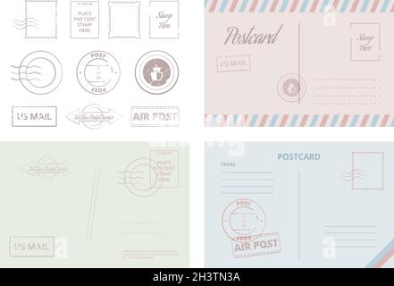 Postcard template. Vintage travel cards and letters with frames and borders vector illustrations Stock Vector