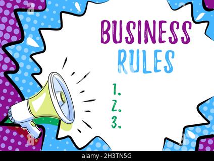 Text sign showing Business Rules. Business concept the principles which determine the corporation s is activities Stock Photo