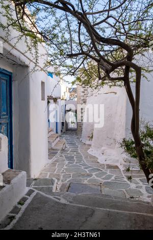 Folegandros island, Greece, Cyclades. Narrow street in Kastro, old castle in Chora. Whitewashed houses and stairs, Cycladic architecture Stock Photo