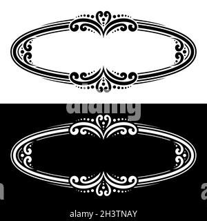 Vector oval decorative Frames for greeting text, monochrome sophisticated borders with elegant illustrations and copyspace, oval calligraphic frames f Stock Vector