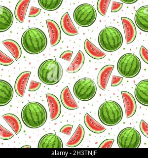 Vector Watermelon Seamless Pattern, square repeating background of whole and sliced cartoon watermelons with seeds, decorative poster with cut out ill Stock Vector