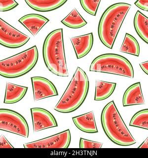 Vector Watermelon Seamless Pattern, square repeating background of sliced cartoon watermelons with seeds, decorative poster with cut out illustrations Stock Vector