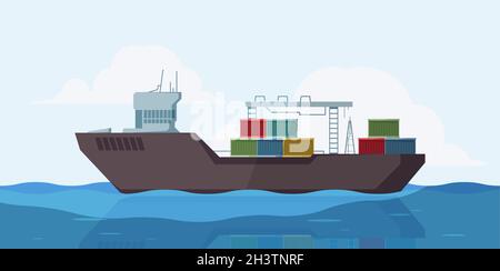 Cargo ship in sea. Outdoor marine landscape with barge ship with containers vector cartoon background Stock Vector