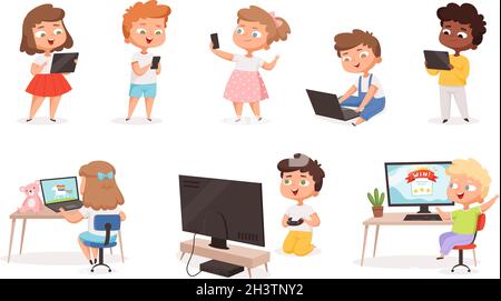 Kids using gadgets. Tablet pc smartphone laptop for children education processes future technology distance learning vector set Stock Vector