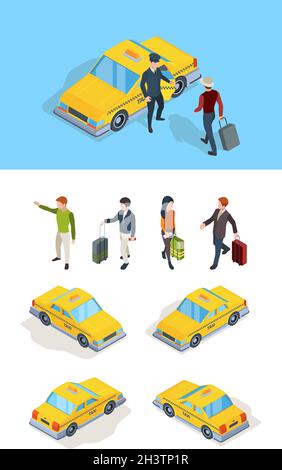 Taxi service. Travellers passengers call taxi with luxury driver professional chauffeurs yellow isometric cars vector pictures Stock Vector