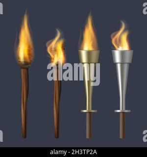 Fire torch. Realistic flame torches olympic bonfire vector illustrations Stock Vector