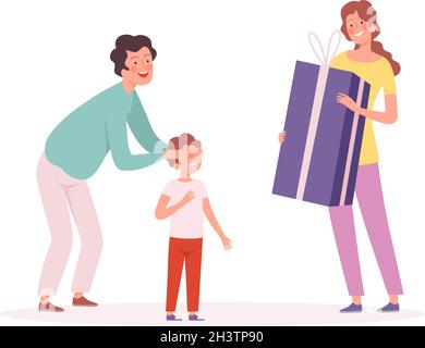 Surprise for child. Boy birthday, parents with gift for little son. Isolated family party vector illustration Stock Vector