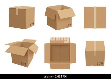 Box mockup. Open and closed cardboard package vector realistic template Stock Vector