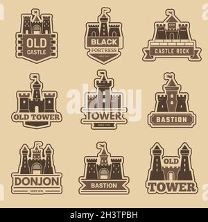 Castle logo. Medieval architectural castles with towers fort silhouettes vector monochrome logotype collection Stock Vector