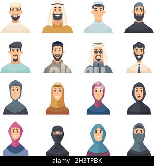 Arabic faces. Avatars muslim characters portraits of arabic male and female east people vector set Stock Vector