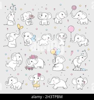 Cute elephant. Wild animals in various poses attractive characters vector cartoon drawn sketch Stock Vector