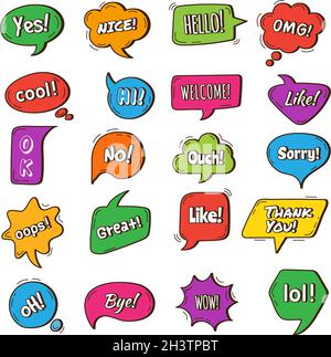 Bubble talk. Speech round frames with phrases different tags dialogue words vector chat symbols Stock Vector