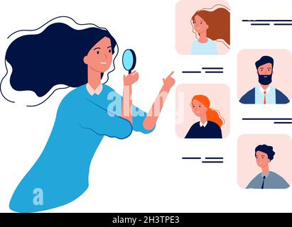 People resources. HR manager, boss choose employers. Recruitment agency, business woman hiring workers vector illustration Stock Vector