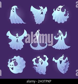 Funny ghost. Halloween scary characters little spooky ghosts vector illustrations Stock Vector
