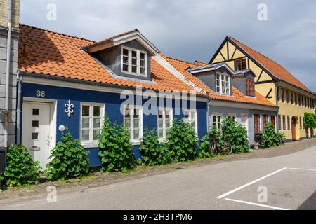 Colorful small houses in the historic old city center of Aalborg Stock Photo
