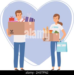 Volunteers with donation box. Christmas food and gift boxes, patronage or charity. Cartoon man woman from social help service vector illustration Stock Vector