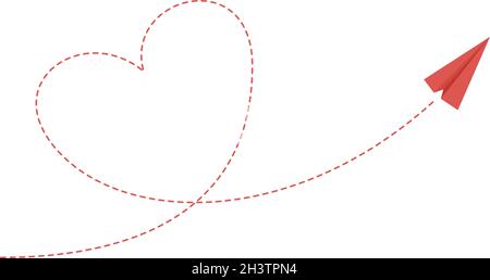 Heart plane path. Love friendship concept, paper airplane flying. Isolated red aircraft takes off vector illustration Stock Vector