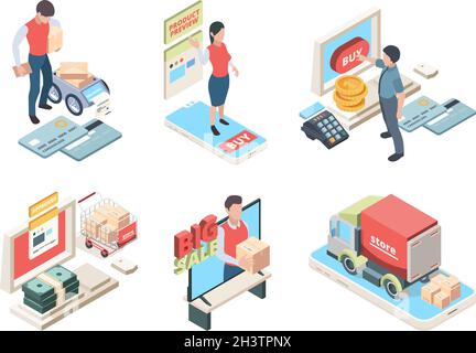 Online shopping. Isometric concept icon online marketplace ordering products from smartphones or tablets vector set Stock Vector