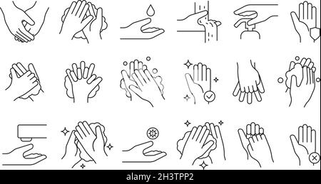 Washing hand. Soap pump cleaning hygiene step foam bathroom medical symbols vector illustrations Stock Vector