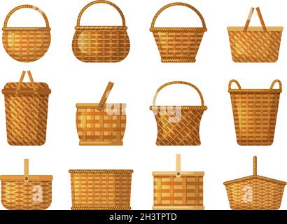 https://l450v.alamy.com/450v/2h3tptd/holiday-basket-product-hampers-for-camping-vector-handcraft-basket-cartoon-collection-2h3tptd.jpg