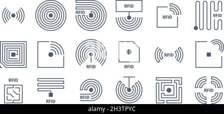 Rfid icons. Radio tagging chips identification wireless semiconductors shopping frequency vector symbols Stock Vector