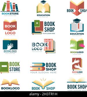 Book symbols. Reading club identity stylized pictures publishing logotype magazines and reading books vector pictures Stock Vector