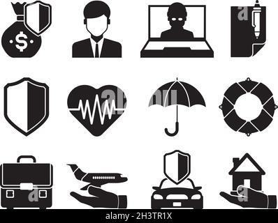 Insurance silhouettes. Protective life property disaster home travel or business insurance icon collection Stock Vector