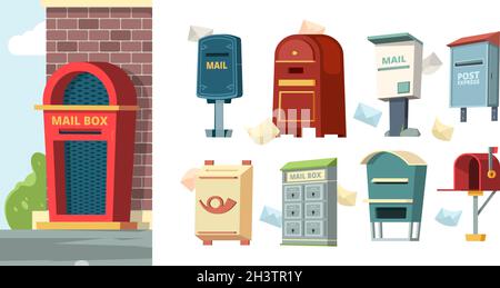 Postal containers. Mailboxes with letters envelope vector pictures Stock Vector