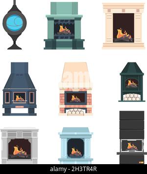 Fireplace. Interior decor electric fireplace from bricks beautiful flame in house relax place vector set Stock Vector