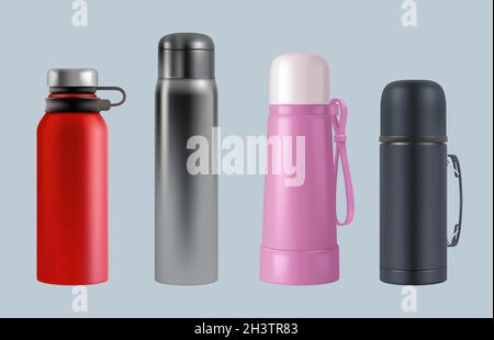 Thermos realistic. Steel vacuum flask coffee mug round containers for water and liquids vector templates Stock Vector