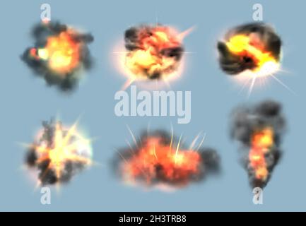 Dynamite exploded effects. Realistic bomb explosion with fire and smoke clouds vector collection Stock Vector