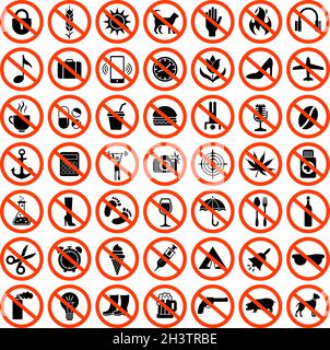 Forbidden icons. Prohibiting red symbols no motorcycle animals guns sound phones parking car vector set Stock Vector