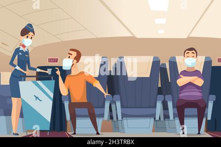 Aircraft passengers. Airplane danger risk communication people sitting with face protection mask fly trip vector cartoon set Stock Vector