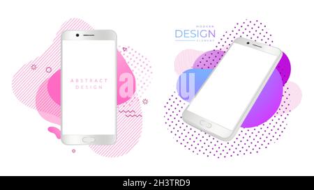 Modern smartphone mockup. Realistic white phones, mobile gadgets on bright abstract shapes. Advertising design elements vector set Stock Vector