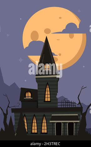 Halloween background. Scary horror castle moonlight night landscape in dark village with gothic mystery gothic house vector Stock Vector