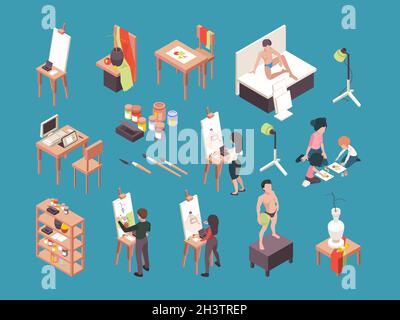 Artist accessories. People painters making picture with brushes and paint crafting vector artists isometric Stock Vector