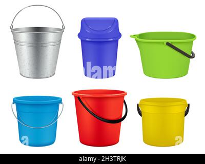 Buckets collection. Empty plastic or metal containers for liquids water or garbage vector realistic buckets Stock Vector