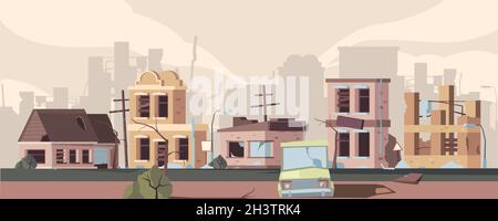 Apocalypse damaged city. Urban landscape with destroyed houses decay trouble buildings catastrophe vector concept Stock Vector