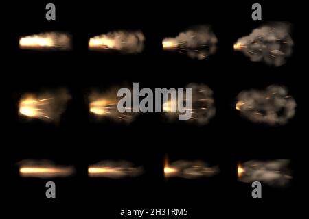 Gun flash. Realistic pistol flame and smoke burst effects vector frame animation Stock Vector